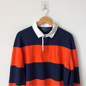 Vintage Polo Ralph Lauren Kanye Orange Navy Blue Striped Rugby Shirt Men’s XL